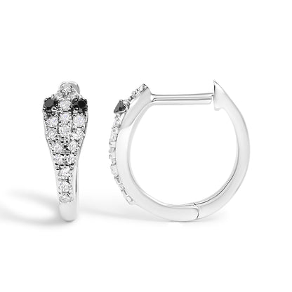 Pair of white metal hoop earrings shown from front and side angles, featuring round white and black gemstones in prong settings on the front half.