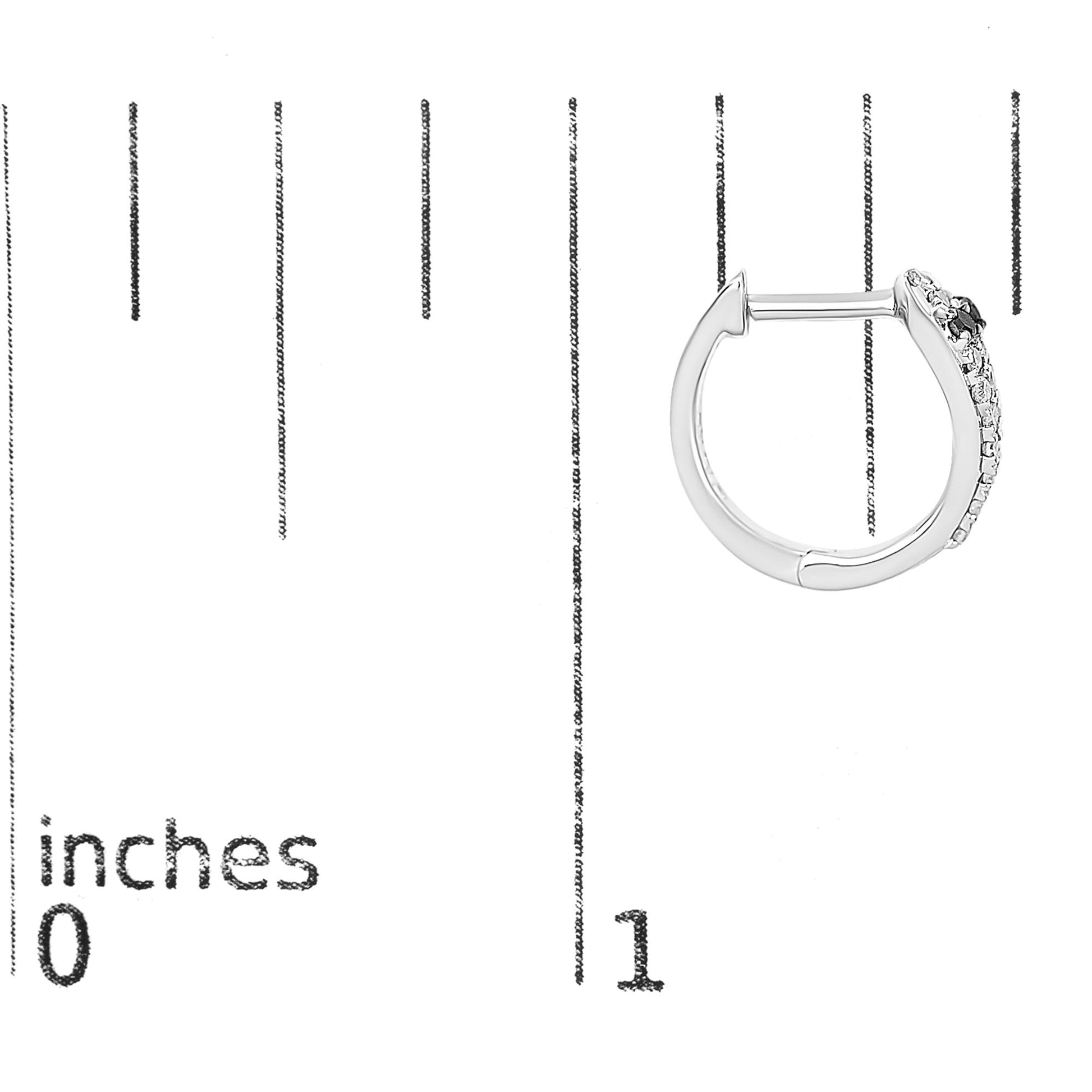 Close-up side view of a white metal hoop earring with white and black round gemstones in prong settings, shown on a scale.