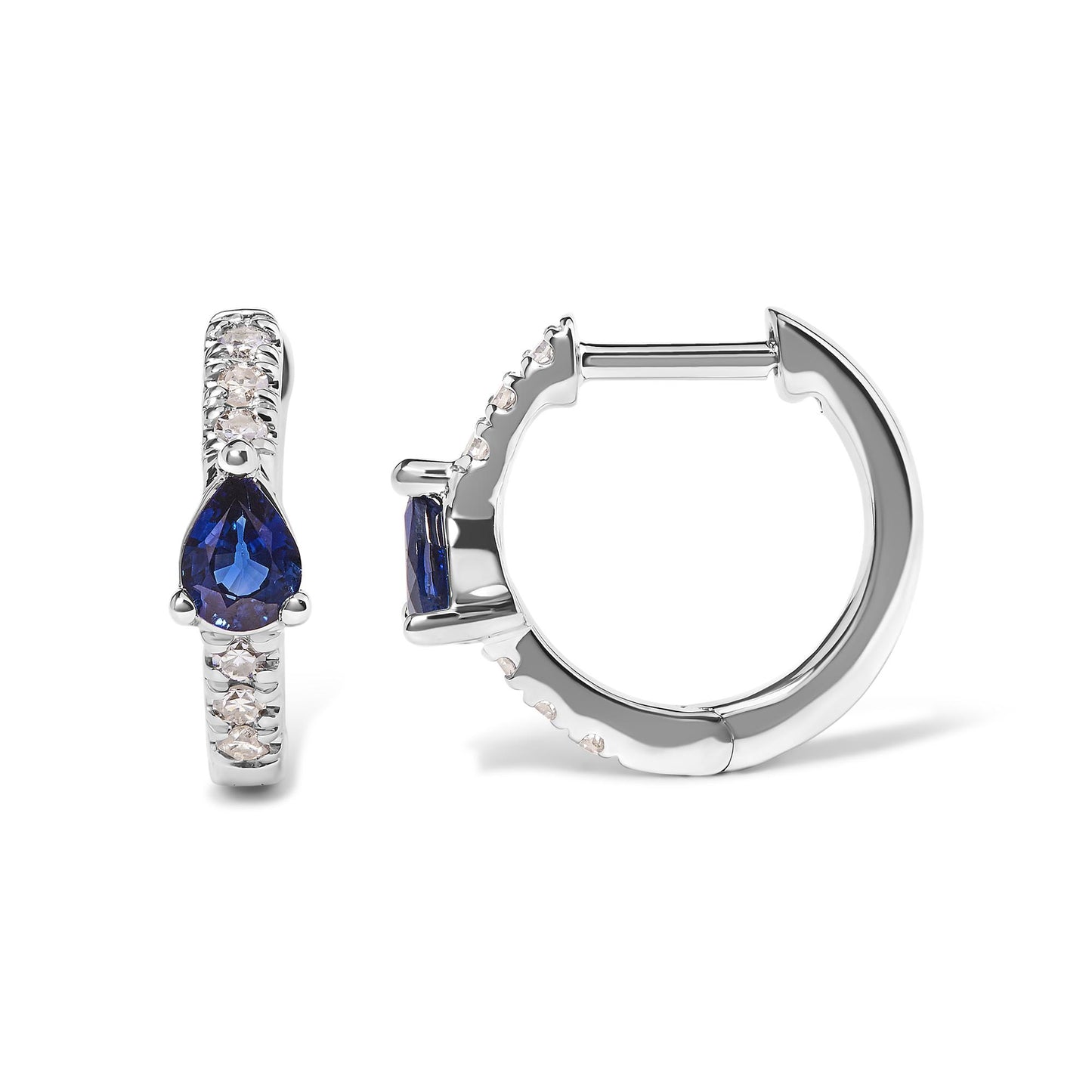 Front and side view of white metal hoop earrings with round white gemstones in pave setting and a pear-shaped blue gemstone in three-prong setting at the center.