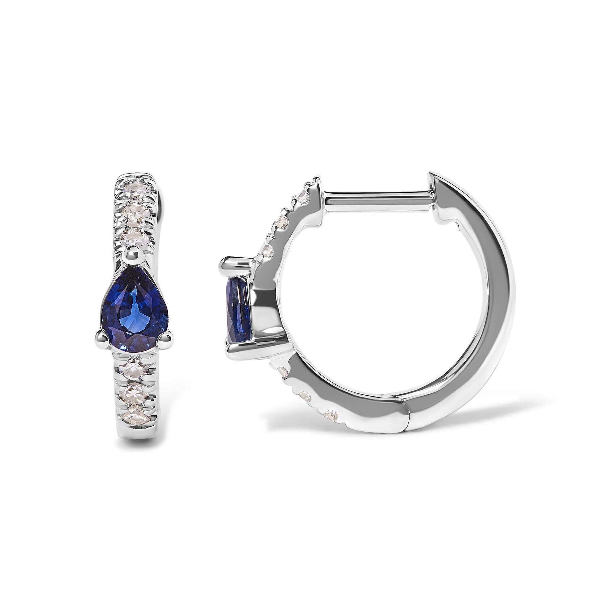 Front and side view of white metal hoop earrings with round white gemstones in pave setting and a pear-shaped blue gemstone in three-prong setting at the center.