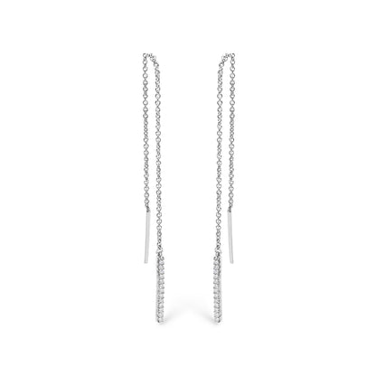 Front view of a pair of white metal threader earrings with vertical bars adorned with white gemstones in micro-pave setting, shown on a white background.