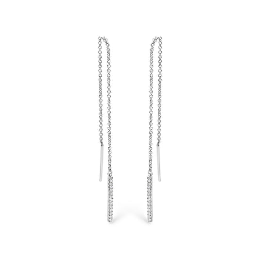 Front view of a pair of white metal threader earrings with vertical bars adorned with white gemstones in micro-pave setting, shown on a white background.