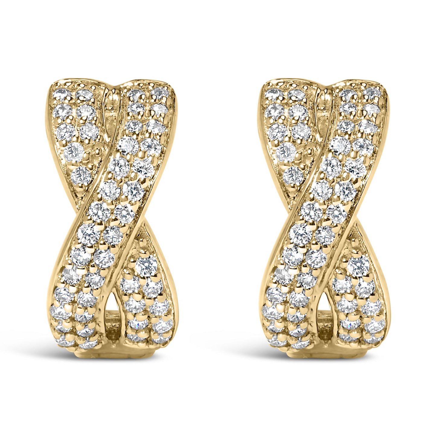 Front view of yellow metal earrings shaped like an X with round white gemstones set in a pave style covering the surface.