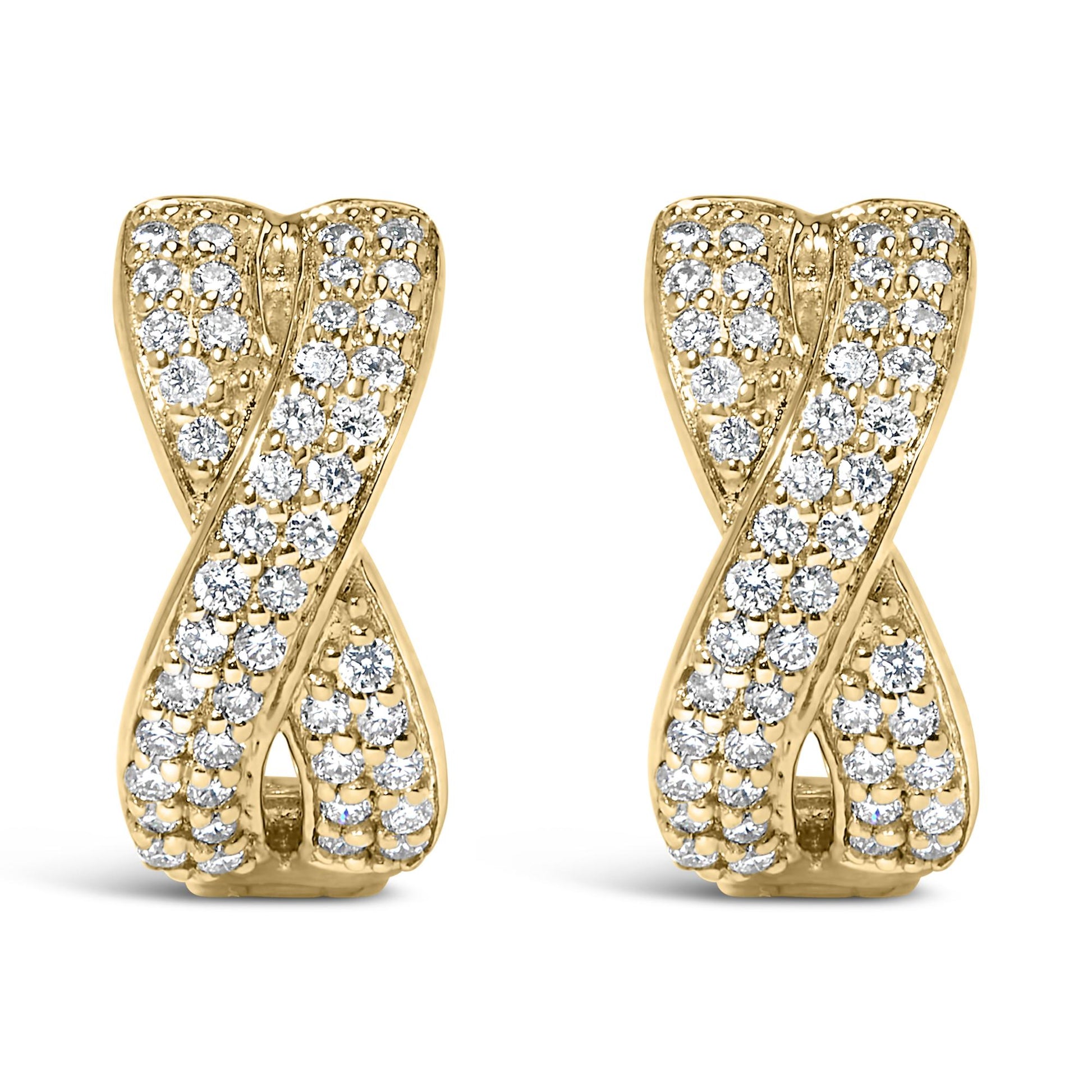 Front view of yellow metal earrings shaped like an X with round white gemstones set in a pave style covering the surface.
