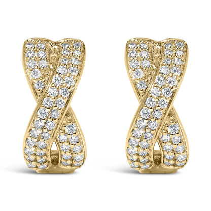 Front view of yellow metal earrings shaped like an X with round white gemstones set in a pave style covering the surface.