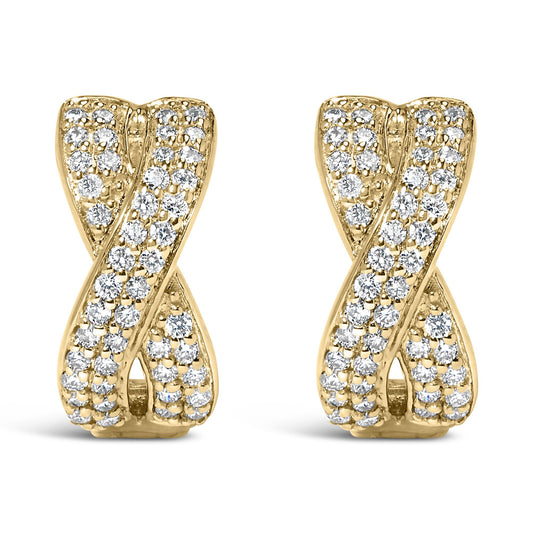 Front view of yellow metal earrings shaped like an X with round white gemstones set in a pave style covering the surface.