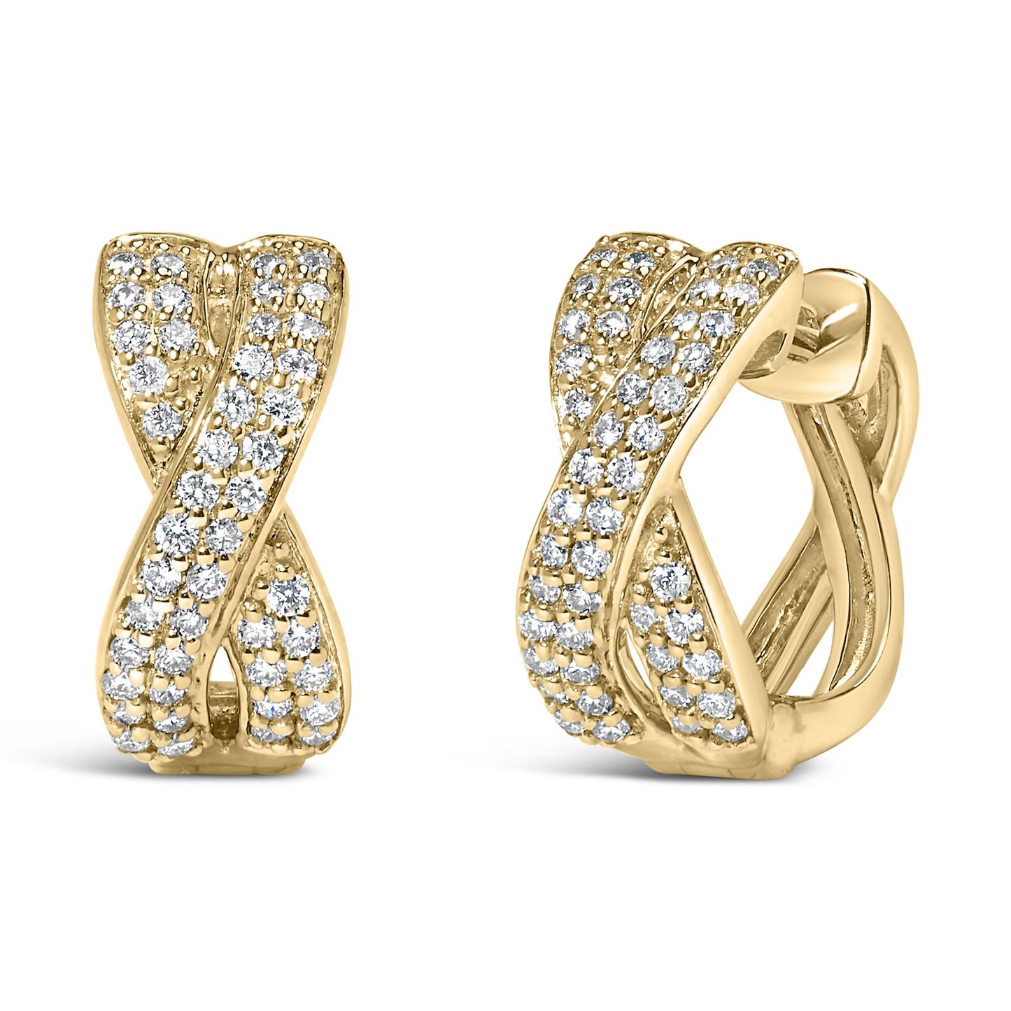 Pair of yellow metal earrings with an interwoven X design featuring round white gemstones in a pave setting, shown from front and angled side views.