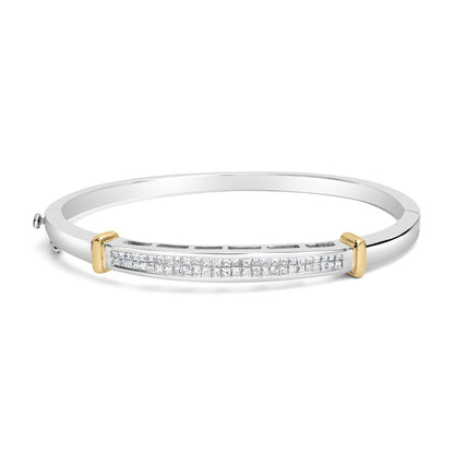 Bracelet with white and yellow metal colors featuring a central row of white princess-shaped gemstones in an invisible setting, shown from a front angle.