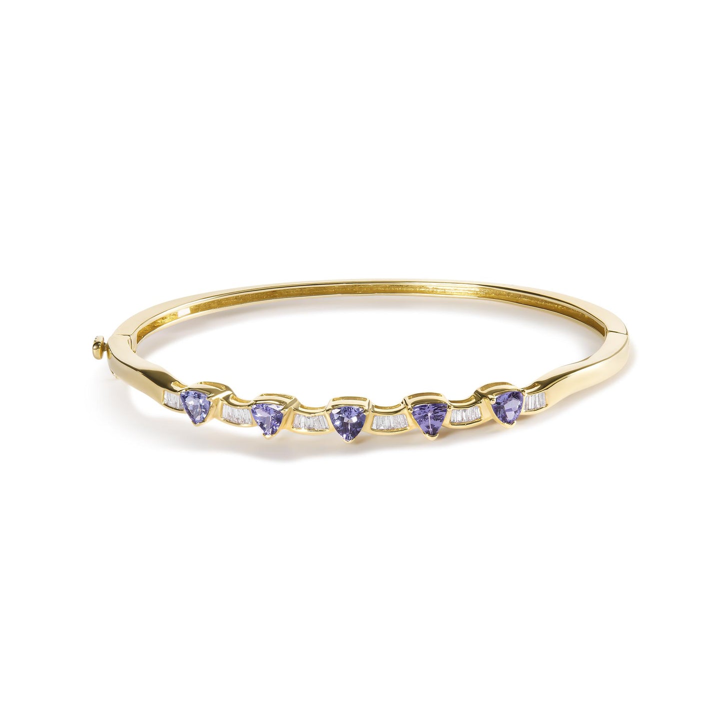 Yellow metal bracelet with alternating blue trillion-shaped gemstones and white baguette-shaped gemstones, shown from a front angle on a white background.