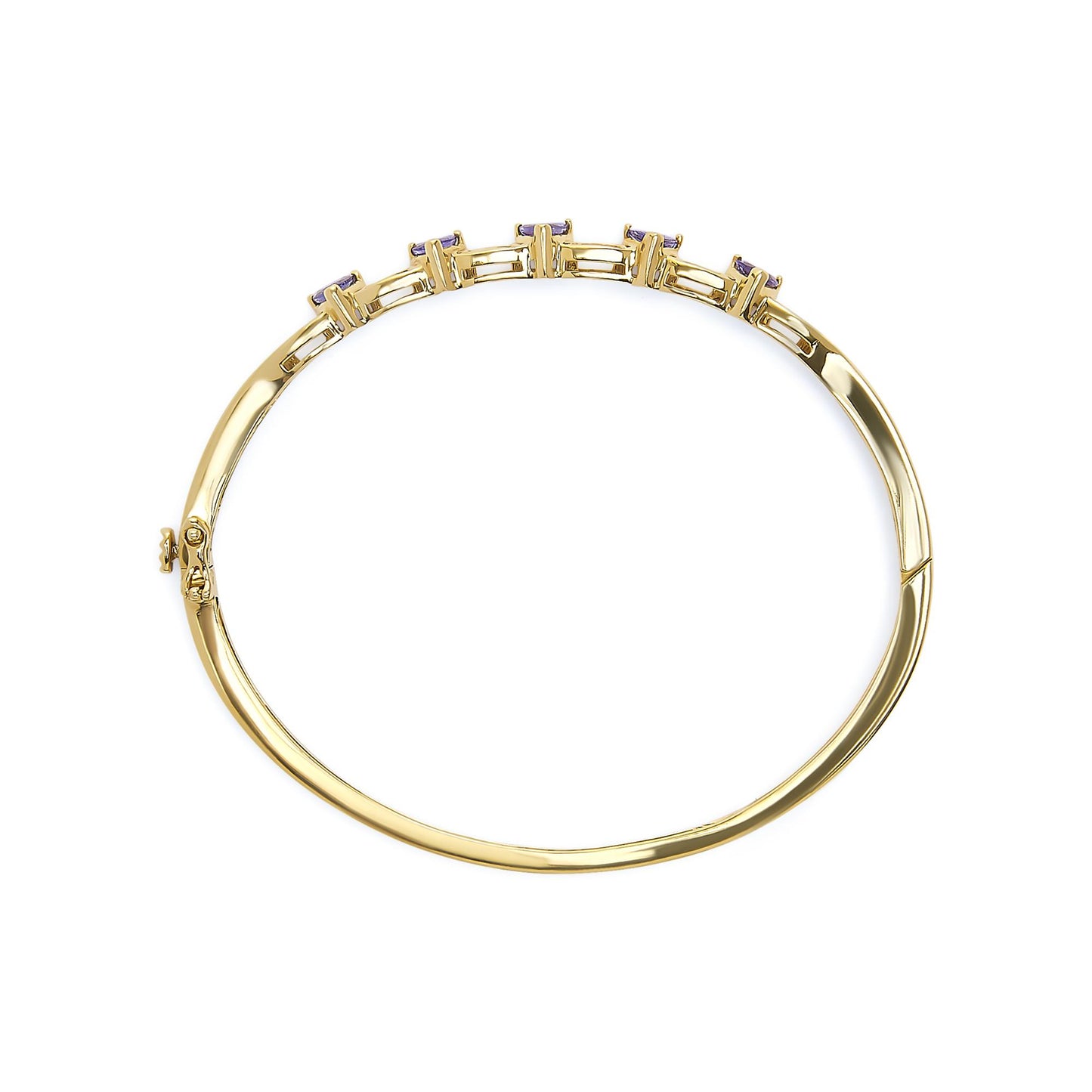 Top-down view of a yellow metal bracelet featuring multiple small white baguette-shaped gemstones in a channel setting along the top, accented with blue trillion-shaped gemstones in prong settings.