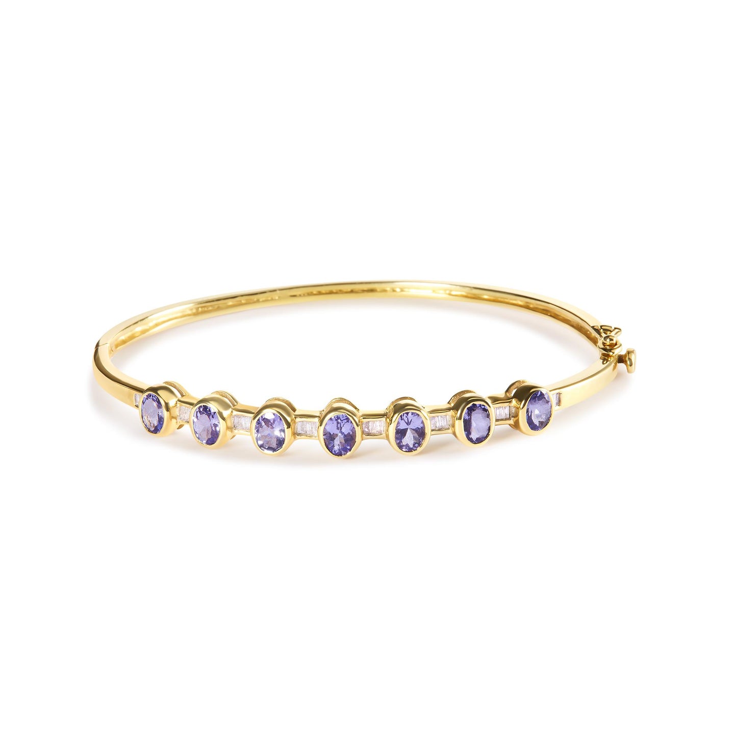 Yellow metal bracelet with oval purple gemstones in bezel settings and white baguette-shaped gemstones in channel settings, shown from a front angled view.