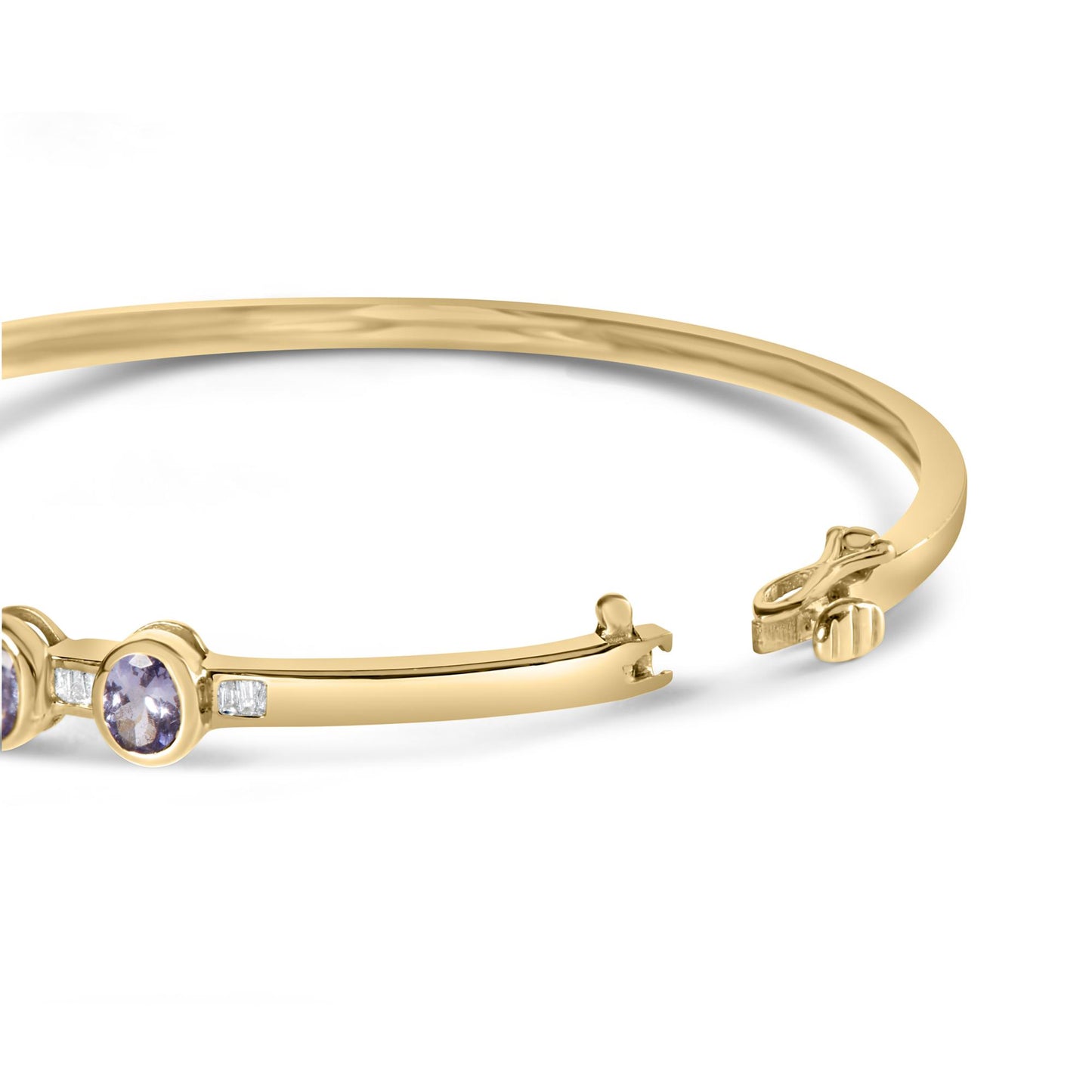 Yellow metal bracelet with oval purple gemstones in bezel settings and small white baguette-shaped gemstones in channel settings, shown from a side angle with open clasp.