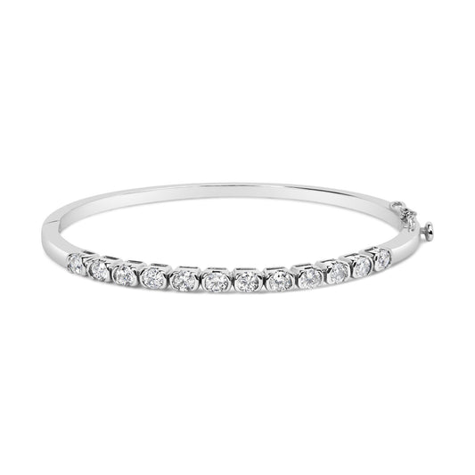 White metal bracelet with round white gemstones in a pave setting, shown from a slightly angled front view.