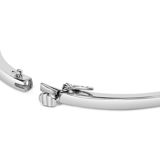 Close-up front angle of a white metal bracelet with a clasp open, no visible gemstones.