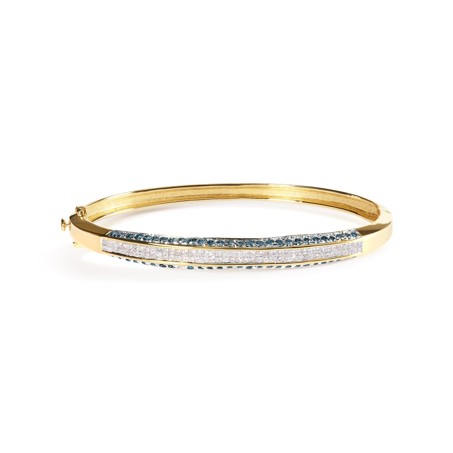Yellow metal bracelet with white princess-shaped gemstones in channel setting and blue round gemstones in pave setting, shown in a front elevated side view.