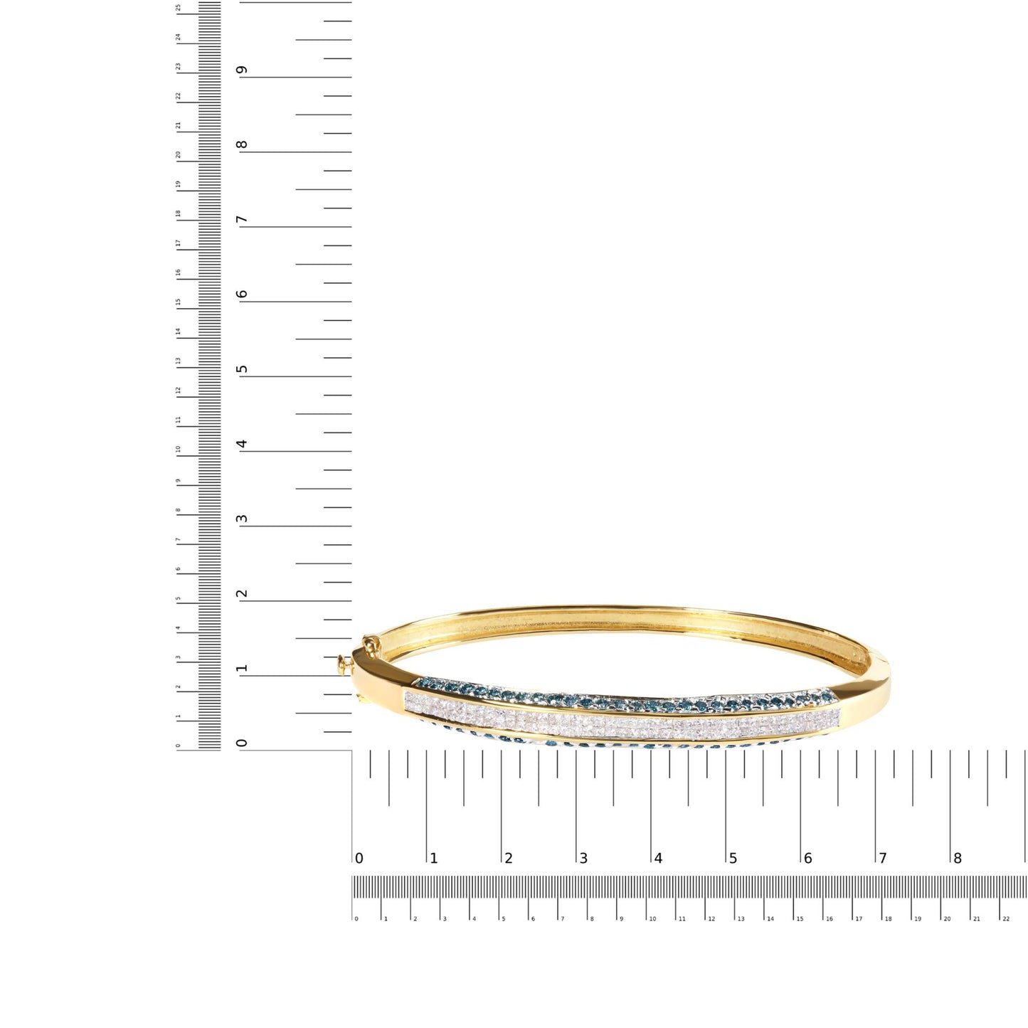 Yellow bracelet with a curved design featuring a channel setting of white princess-shaped gemstones bordered by pave-set round blue gemstones, shown on a ruler for size reference from a side angle.