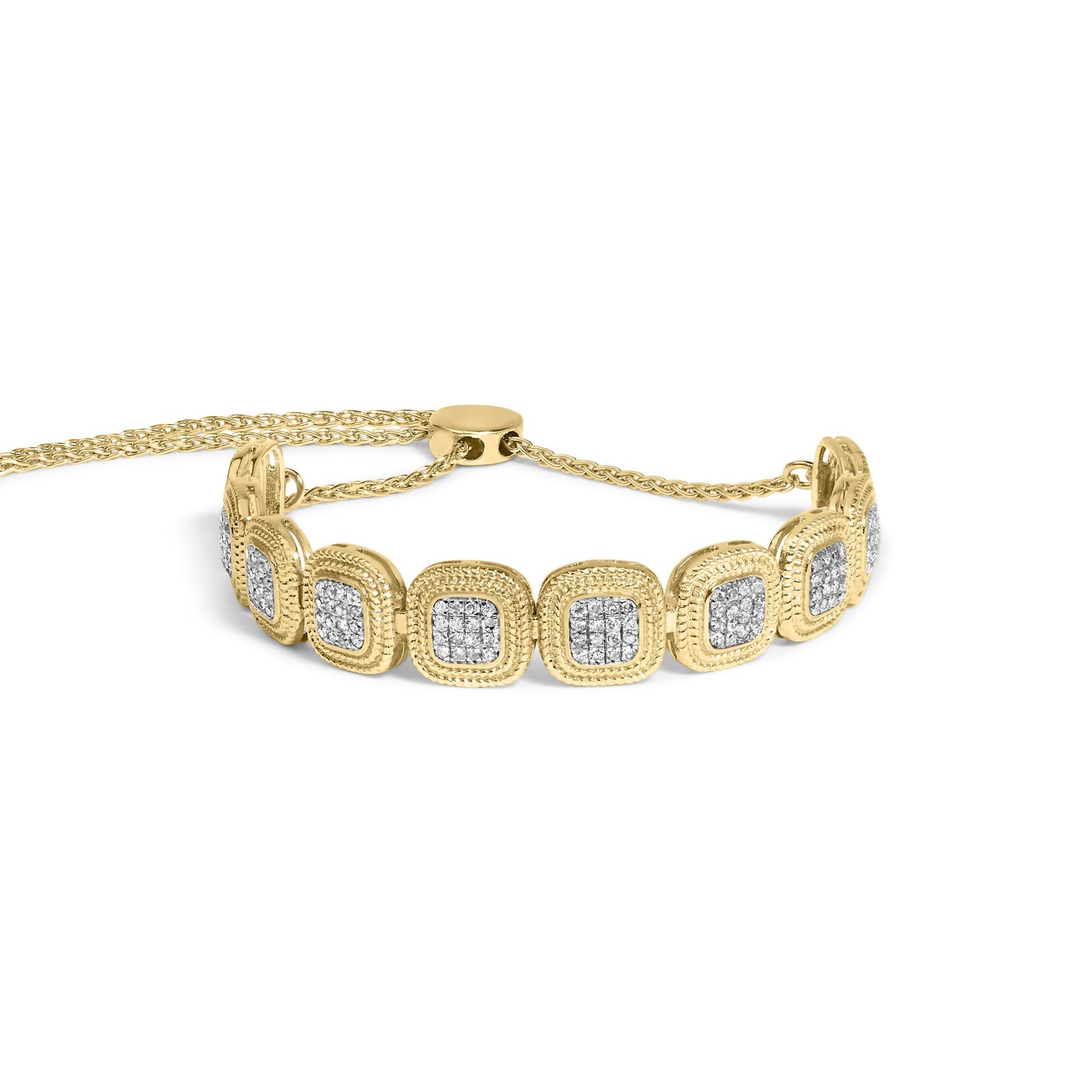 Yellow bracelet with round white gemstones set in square settings, shown in a front angled view.