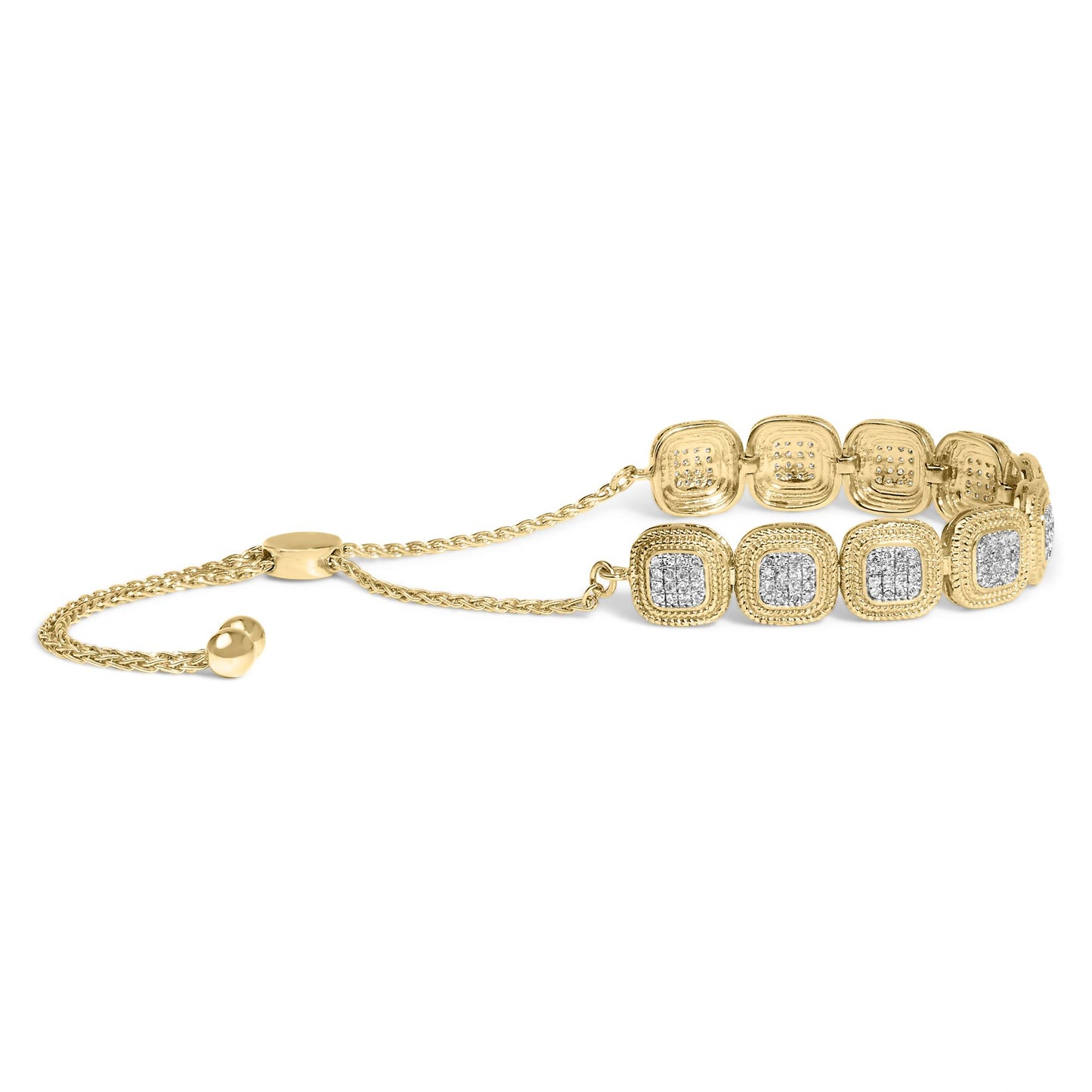 Yellow metal bracelet with square-shaped sections featuring clusters of small white gemstones, shown at a slight angle.