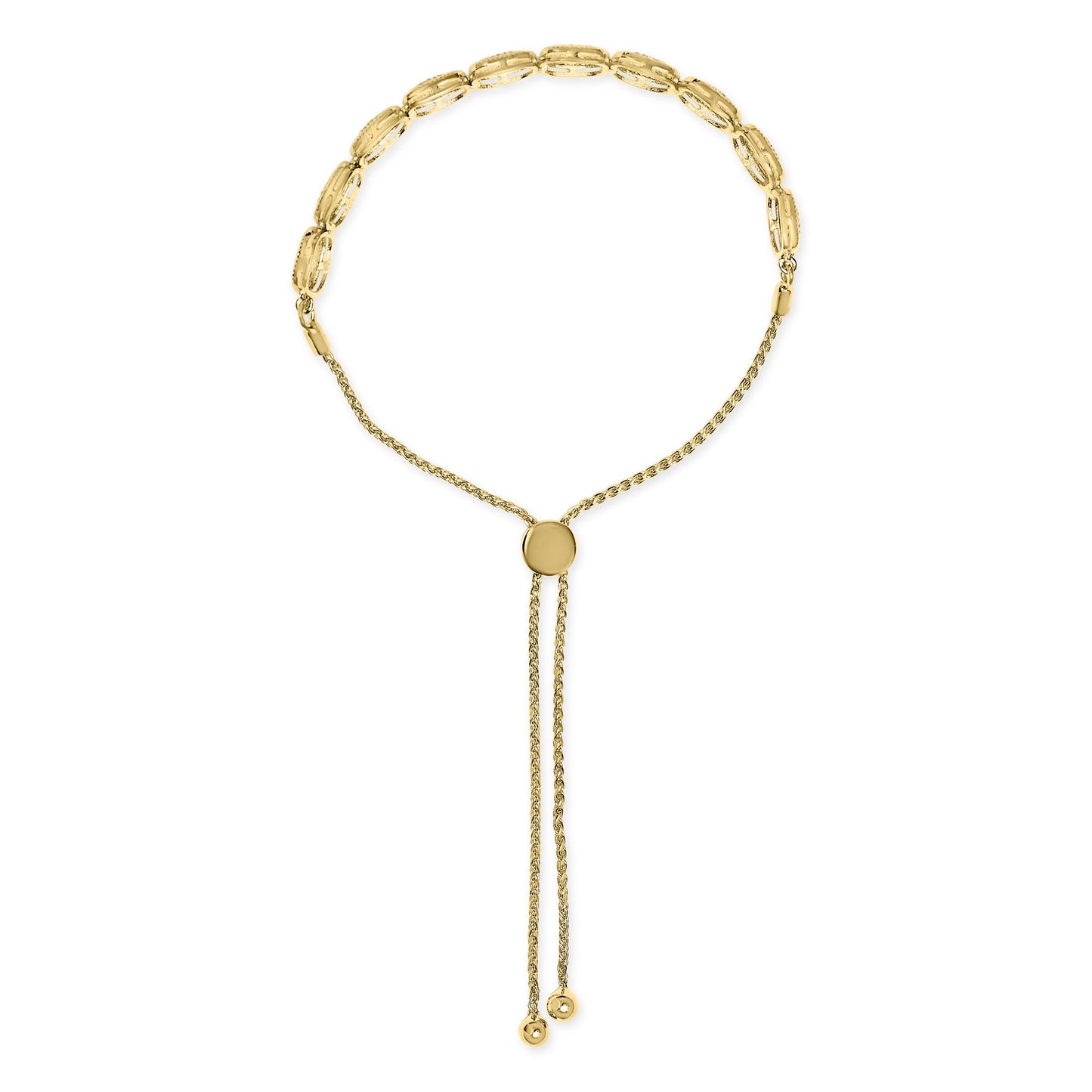 Yellow bracelet with linked oval segments adorned with white round gemstones in prong settings, featuring an adjustable chain with two dangling ends, shown from a top-down angle.