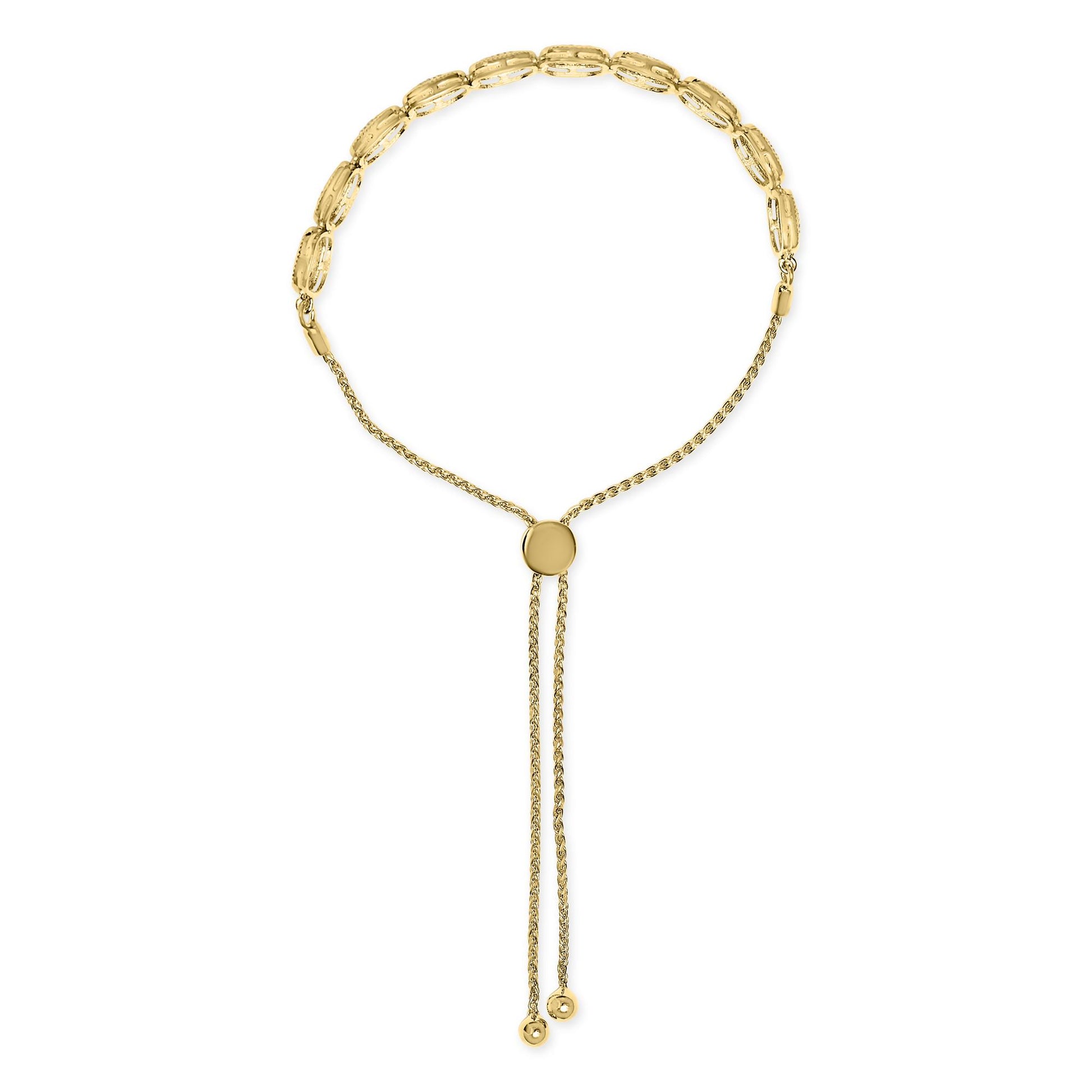 Yellow bracelet with linked oval segments adorned with white round gemstones in prong settings, featuring an adjustable chain with two dangling ends, shown from a top-down angle.