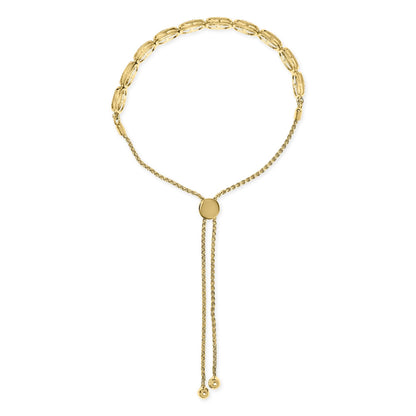 Yellow bracelet with linked oval segments adorned with white round gemstones in prong settings, featuring an adjustable chain with two dangling ends, shown from a top-down angle.