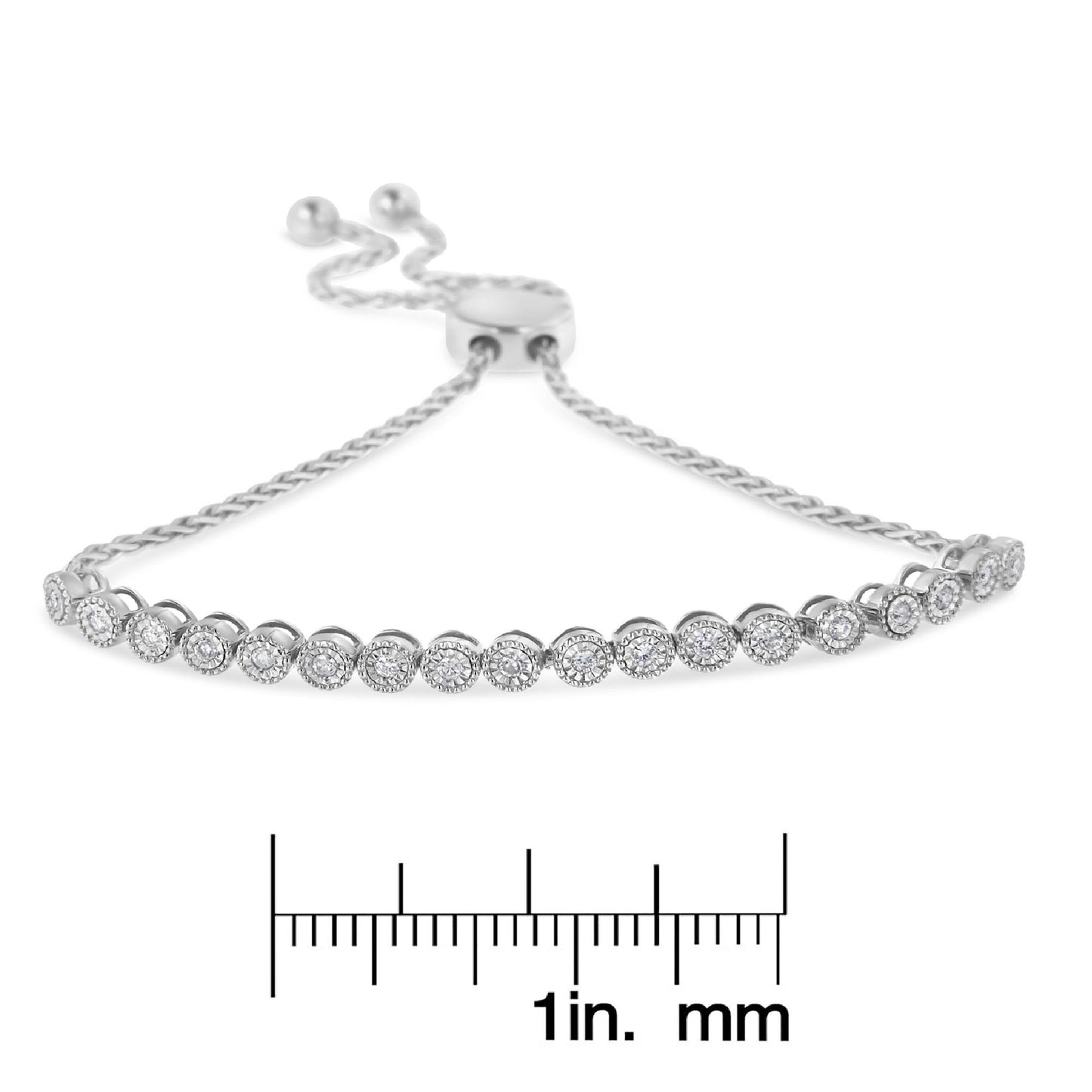 Front-facing close-up of a white metal bracelet with a row of round white gemstones in miracle settings and an adjustable sliding clasp.