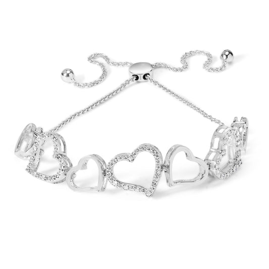 Bracelet with multiple open heart shapes, some accented with white gemstones, viewed from a front angle on a white background.