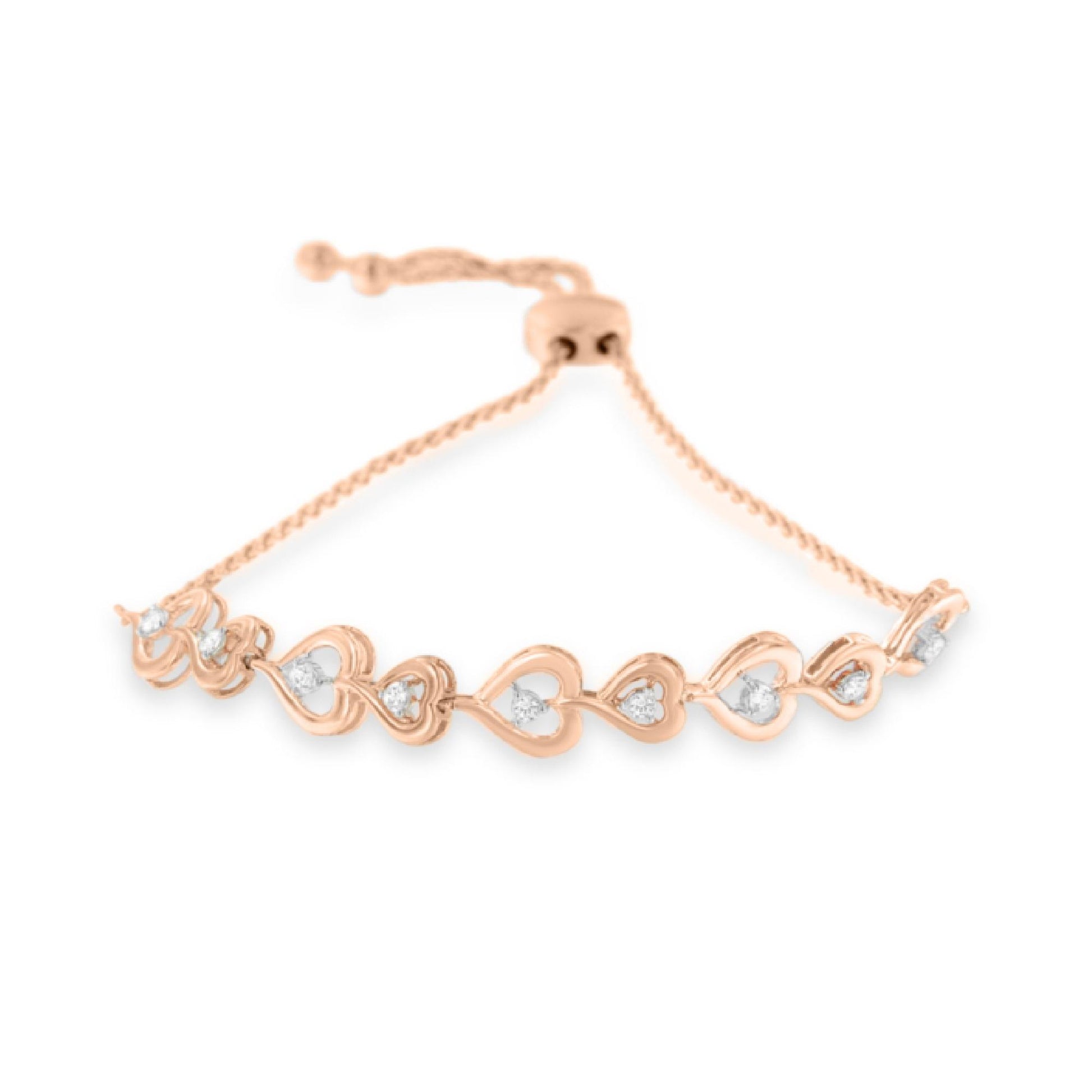Rose metal bracelet with connected open heart shapes, each set with a white round gemstone, shown from an angled top view.