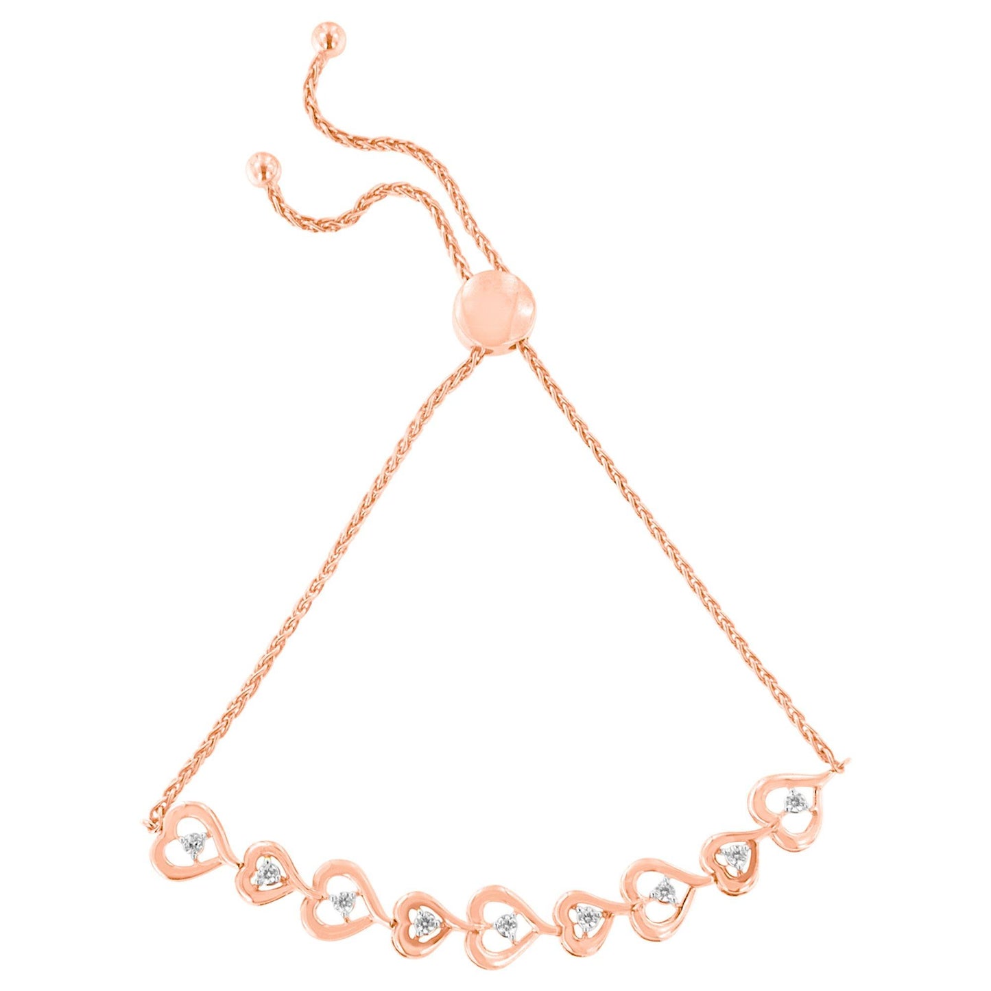 Rose-colored bracelet with interconnected heart shapes, each featuring a round white gemstone in prong setting, shown in a flat lay from above.