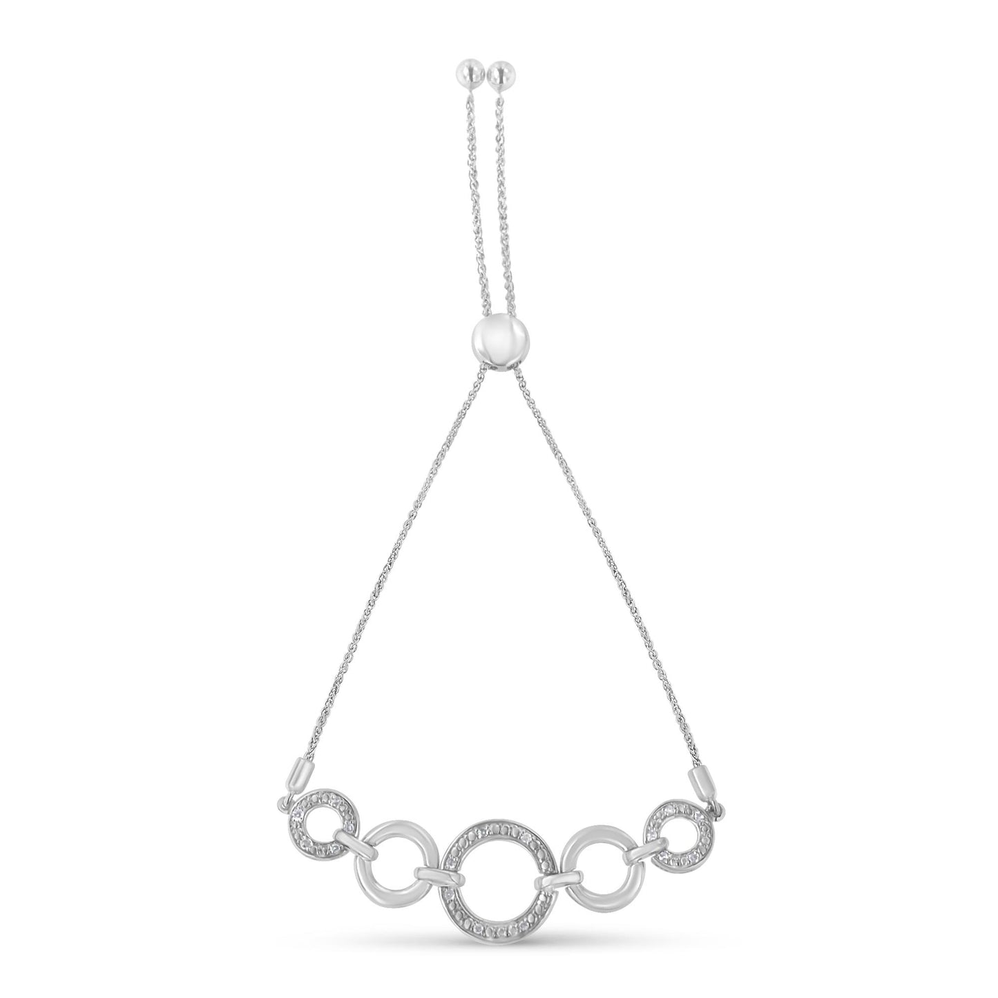 Front view of a white metal bracelet with linked round rings, some adorned with white gemstones in pave setting, shown against a white background.