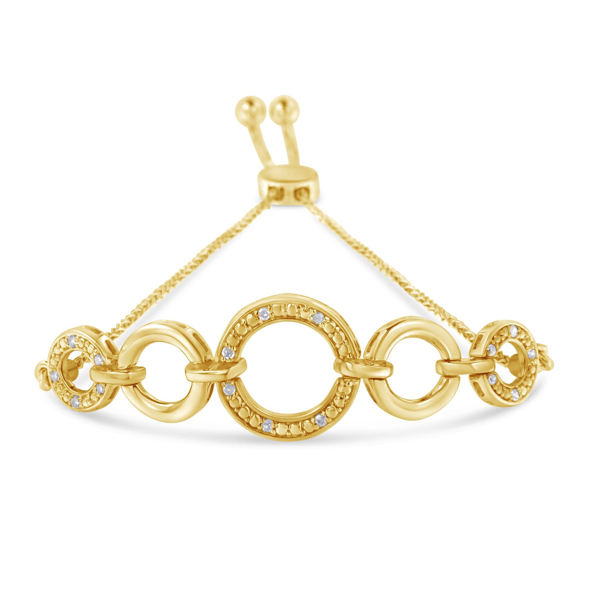 Front angle view of a yellow bracelet with interconnected circular links, some adorned with small white gemstones in pave setting, and an adjustable slider clasp.