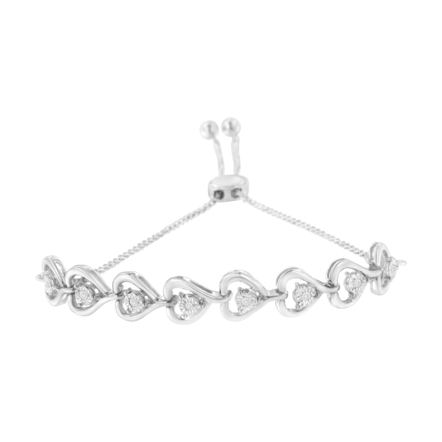 White metal bracelet with linked heart shapes, each set with a round white gemstone, shown from a front angle.
