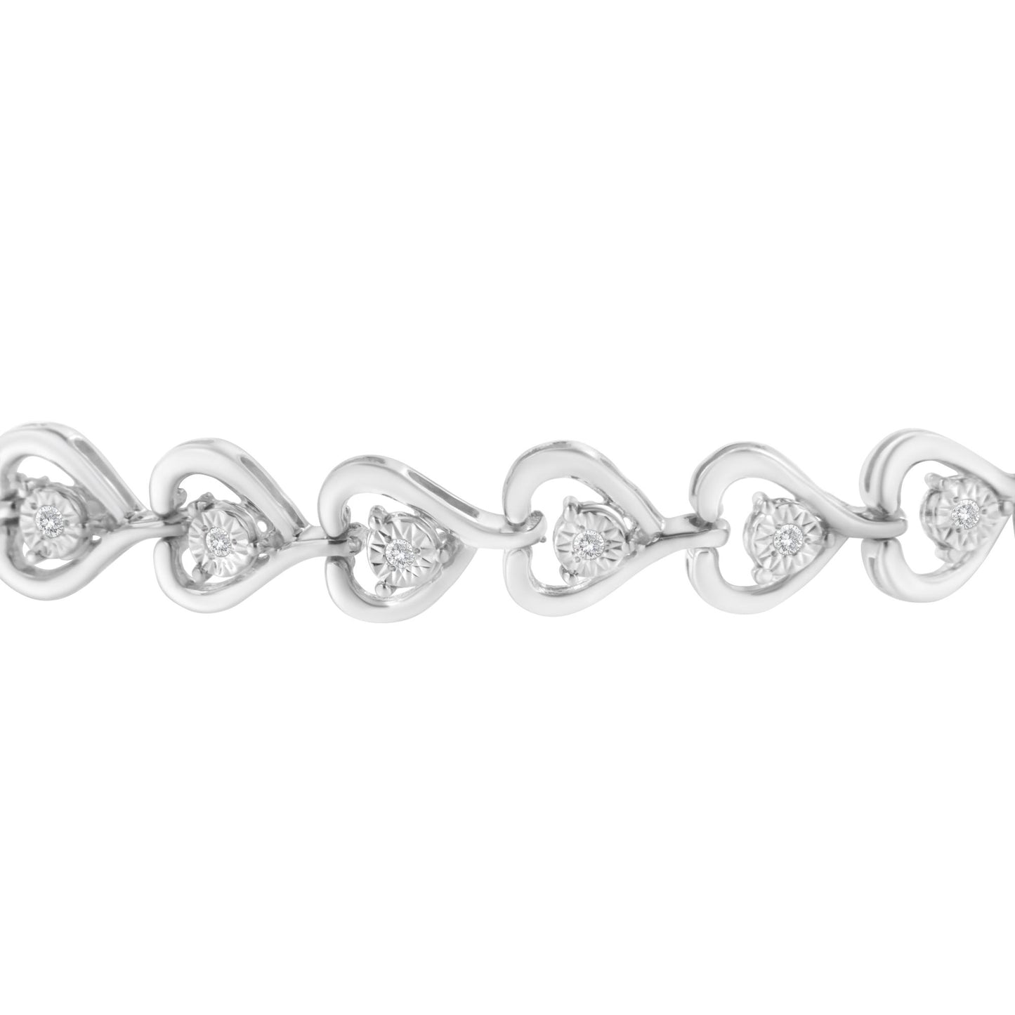 Close-up front view of a white metal bracelet featuring linked open heart shapes, each set with a round white gemstone in a miracle setting.