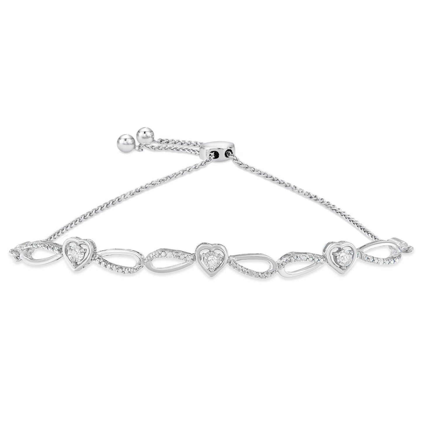 White metal bracelet with heart-shaped and teardrop-shaped links, each heart set with a round white gemstone, shown from a front angle.