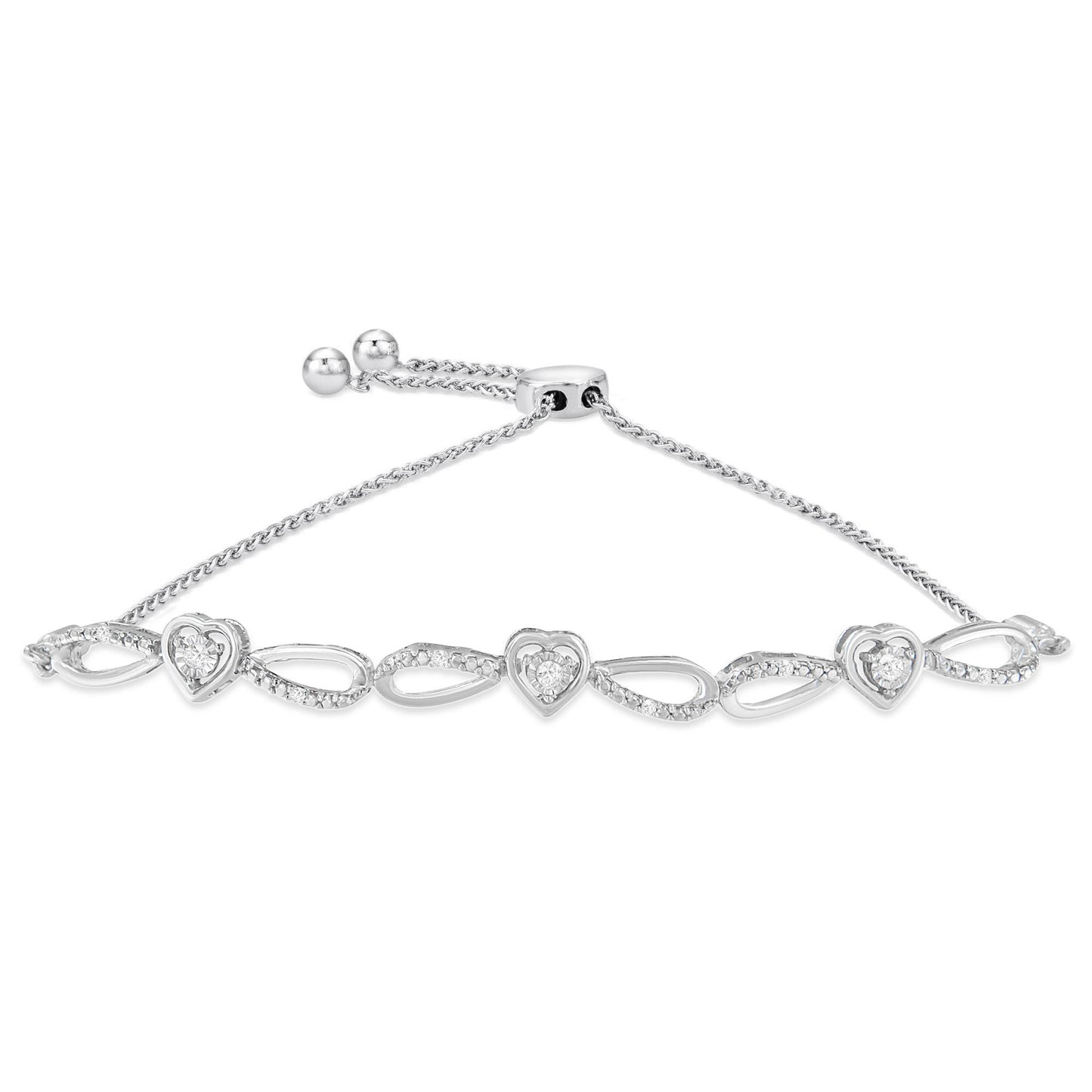 White metal bracelet with alternating open heart and teardrop shapes, each heart featuring a round white gemstone in prong setting, shown from a top angle.