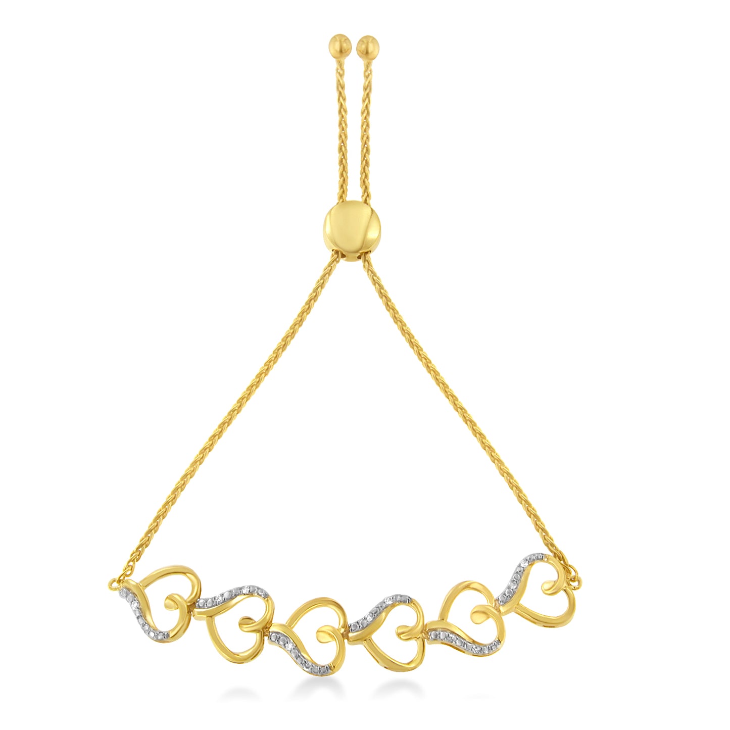 Yellow metal bracelet with alternating heart-shaped links partially accented with pave-set white gemstones, shown from a front angle.