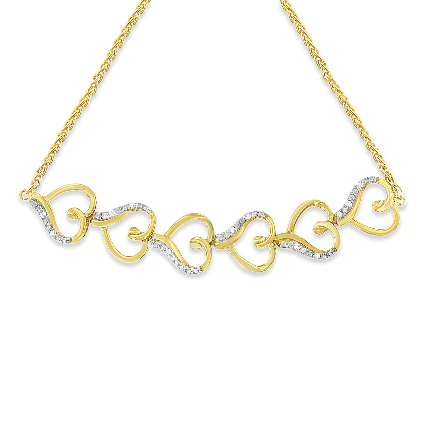 Front view of yellow metal bracelet with linked heart shapes, some accented with white round pave-set gemstones.