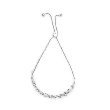 White metal bracelet with two sections of chain links embellished with round white gemstones in prong settings, shown flat from above angle with adjustable sliding clasp.