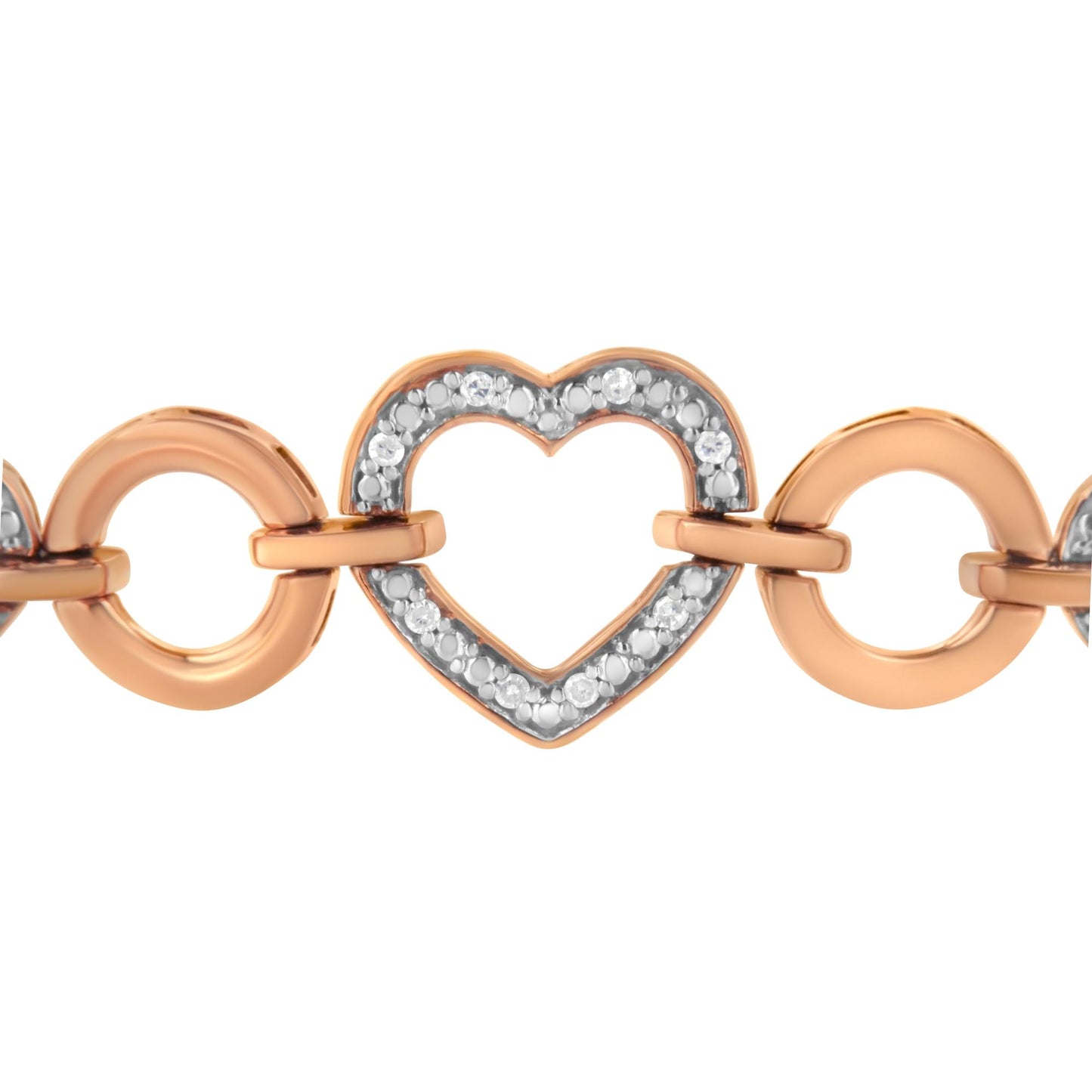 Close-up front view of a two-tone bracelet with rose-colored circular links and a heart-shaped link adorned with round white gemstones in a pave setting.