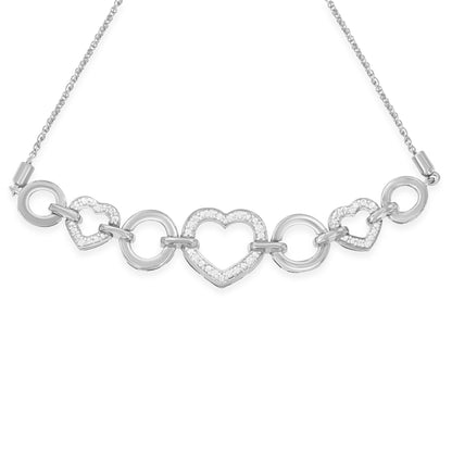 Front view of a white metal bracelet featuring heart-shaped and circular links, some hearts set with small white gemstones in a pave setting.