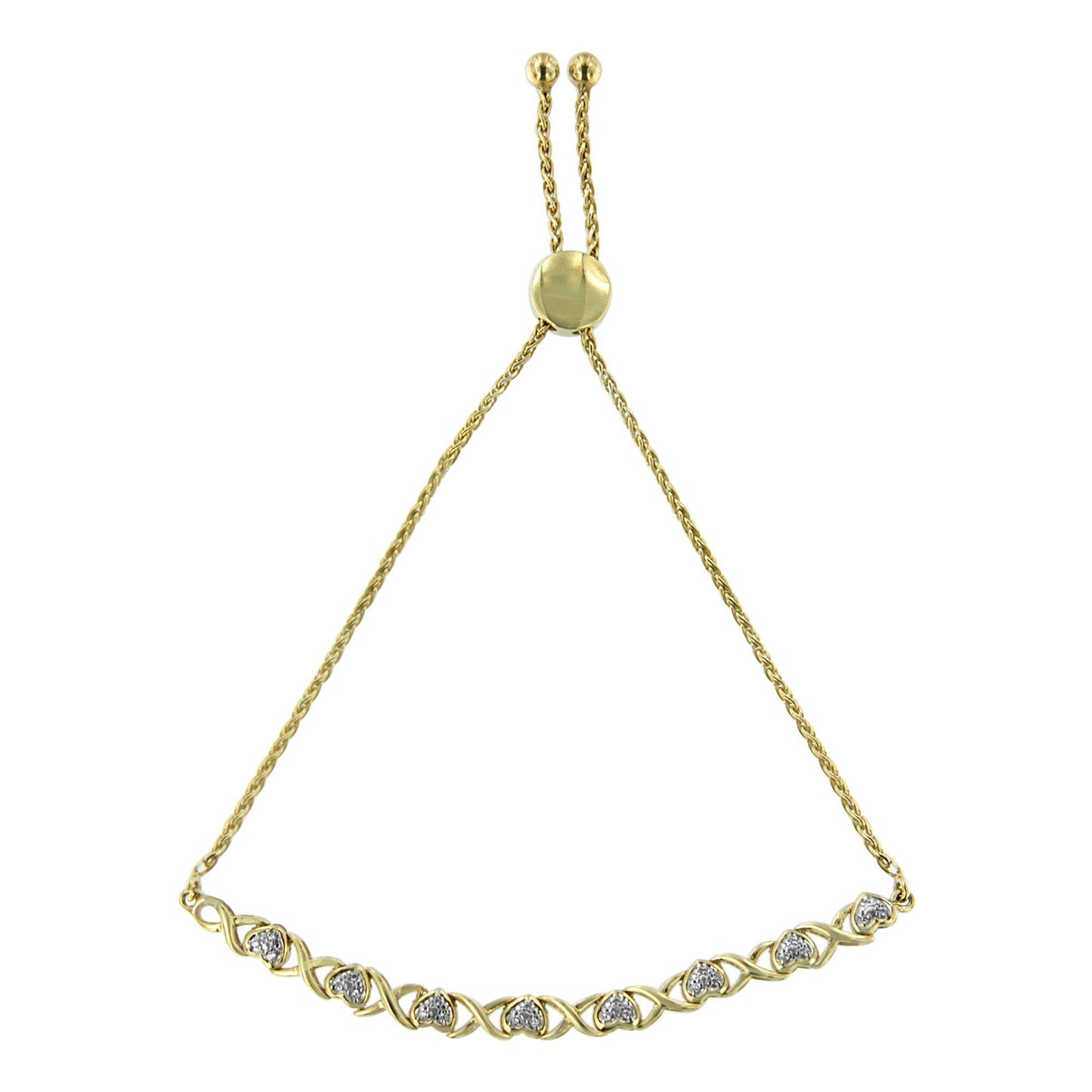 Yellow metal bracelet with round white gemstones in pave setting along the front, shown from a top-down angle.