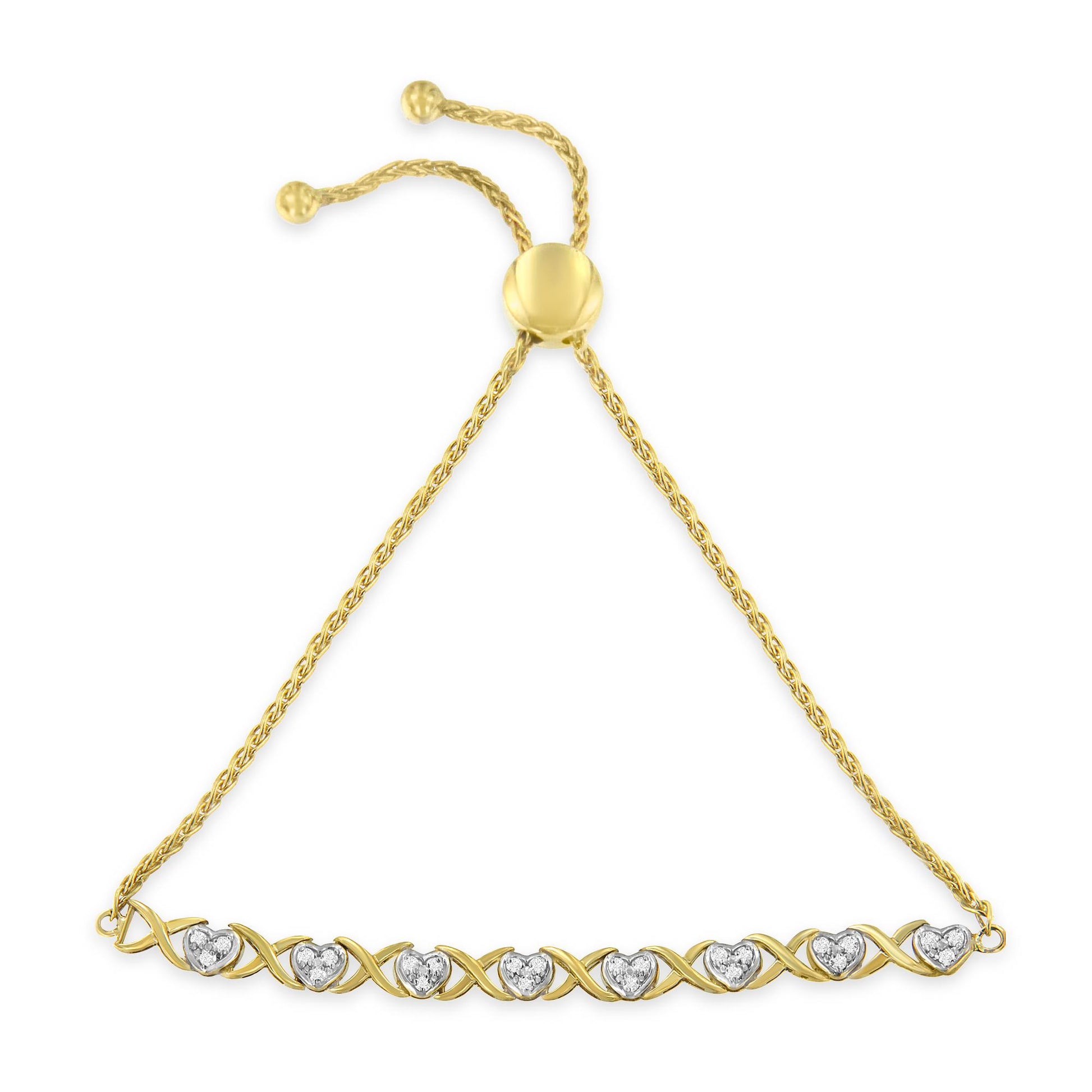 Top-down view of a yellow metal bracelet with an adjustable chain and a row of heart-shaped links featuring white gemstones in a pave setting.
