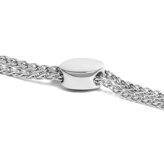 Close-up side angle of a white metal bracelet featuring a smooth oval centerpiece with two twisted chain strands passing through it.