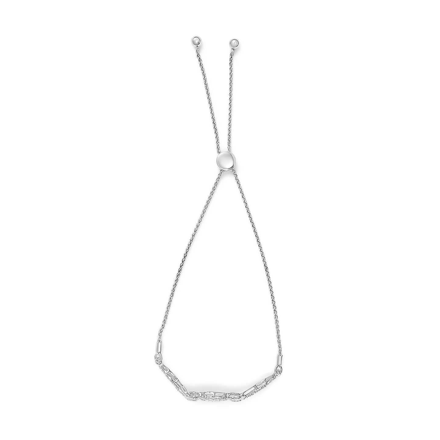 White metal bracelet with a sliding closure, featuring a chain and a segment adorned with round white gemstones in pave setting, shown from a top-down angle.