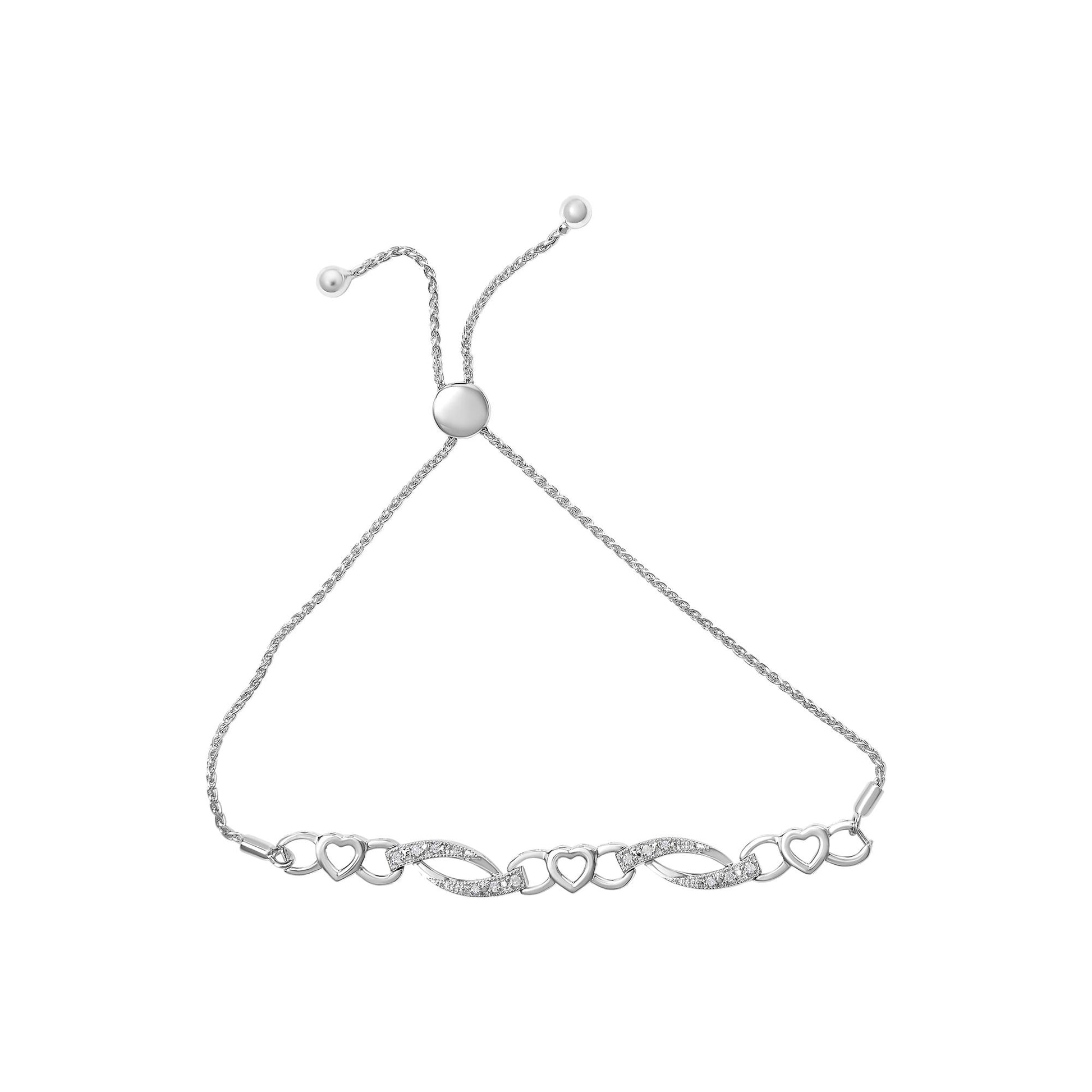 White metal bracelet with alternating heart-shaped and twisted links adorned with white gemstones, shown flat from the front on a white background.