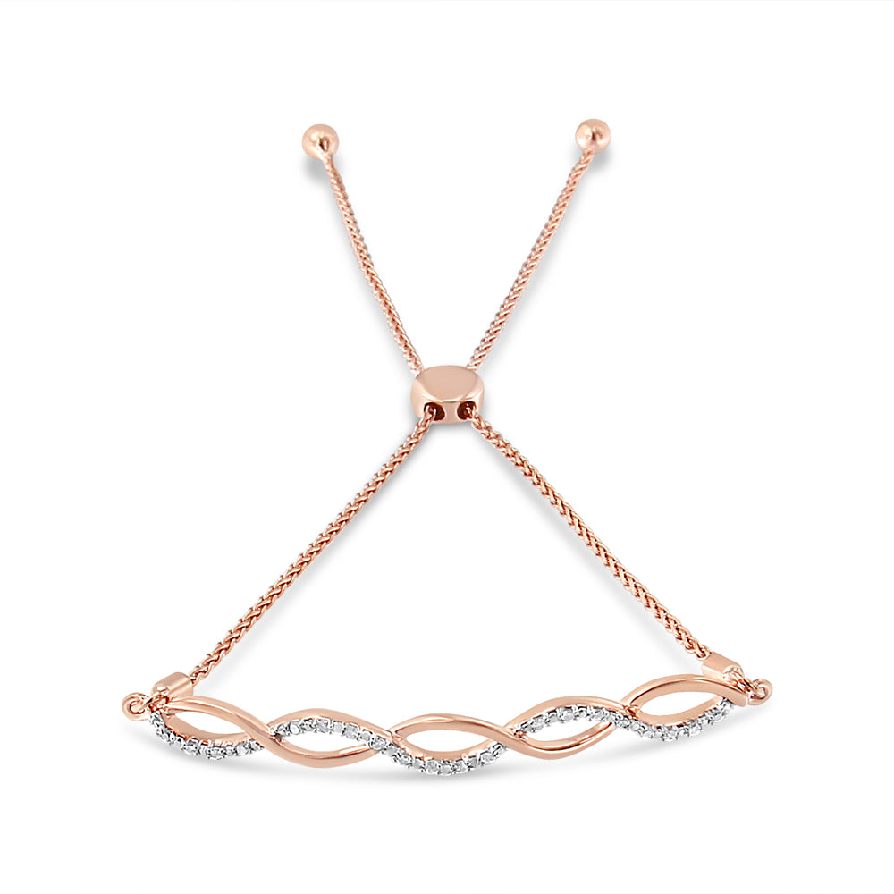 Rose metal bracelet with alternating twisted links set with white round gemstones in prong settings, shown flat on a white background from a top angle.