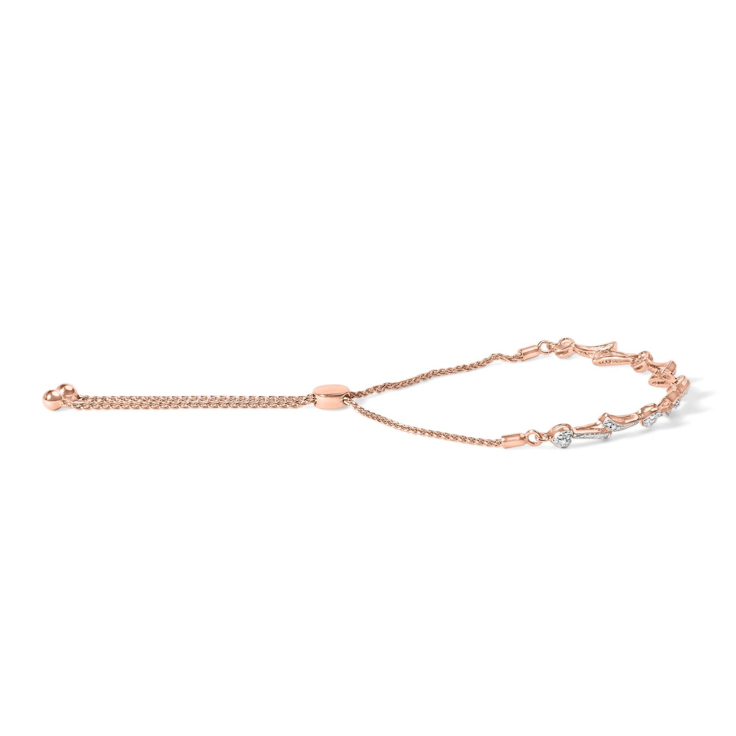 Rose metal adjustable bracelet with curved links set with white round gemstones, shown at a slight angle on a white background.