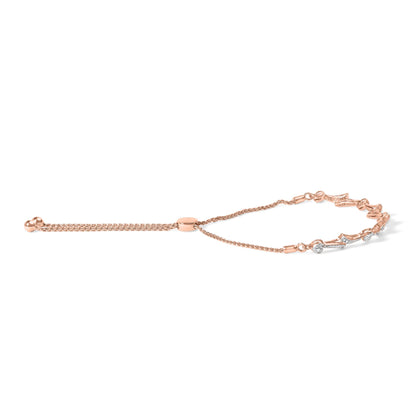 Rose metal adjustable bracelet with curved links set with white round gemstones, shown at a slight angle on a white background.