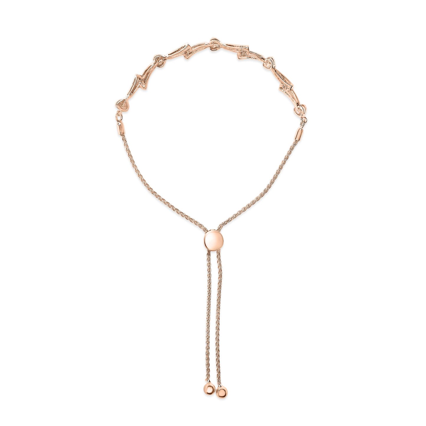 Rose-colored bracelet with heart-shaped and curved links paved with white round gemstones, shown flat from a top-down angle.