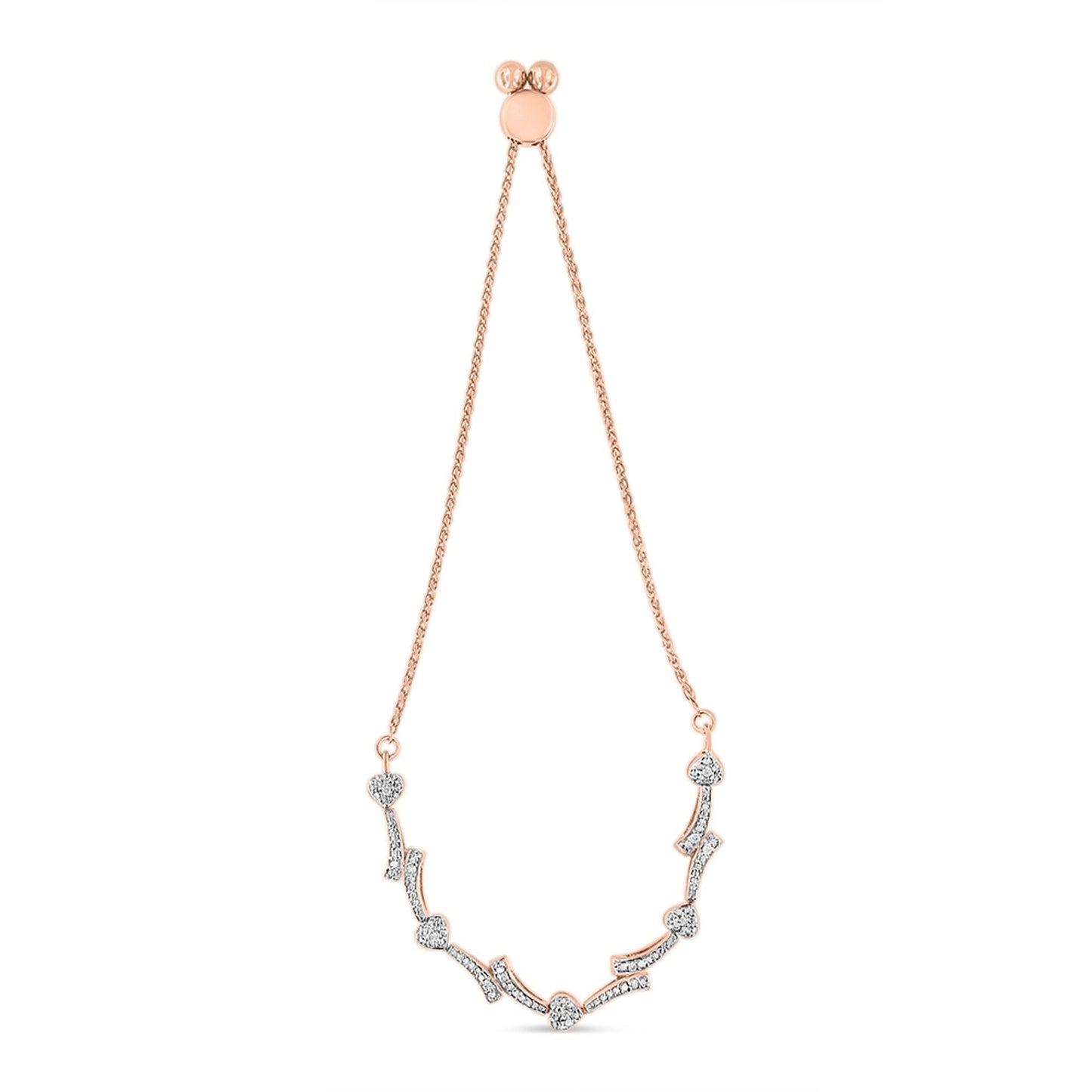 Rose-colored bracelet with heart-shaped and curved segments set with round white gemstones in pave setting, shown from the front on a white background.